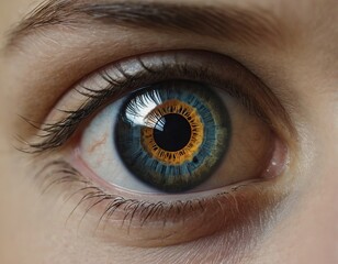 Fototapeta premium Close-up of a blue and orange human eye with intricate detail, showcasing its captivating beauty.