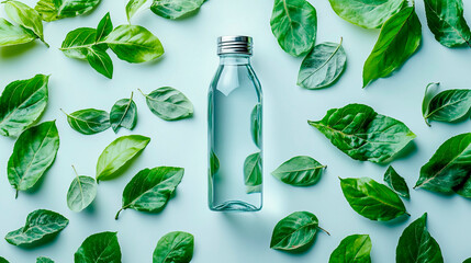 Reusable glass water bottle with green leaves on pastel blue background, eco-friendly