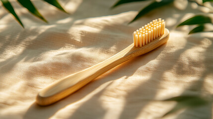 Eco bamboo toothbrush on linen fabric with palm leaf shadows, soft sunlight