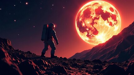 Obraz premium Astronaut walks towards glowing Earth in space with stars