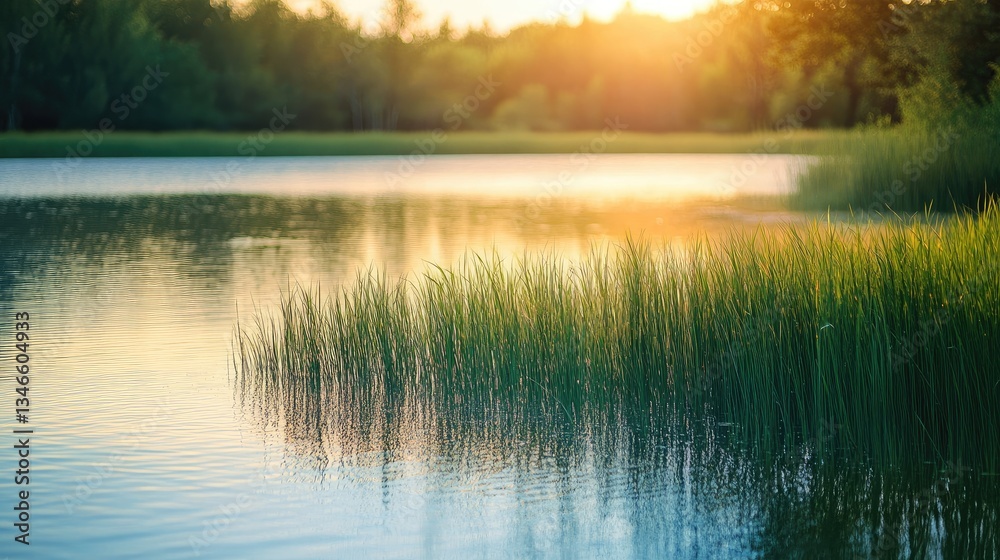 Poster green grass gently rises from the tranquil surface of the lake, with the soft glow of sunset enhanci
