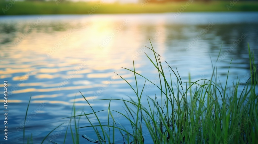 Poster green grass gently rises from the tranquil surface of the lake, with the soft glow of sunset enhanci