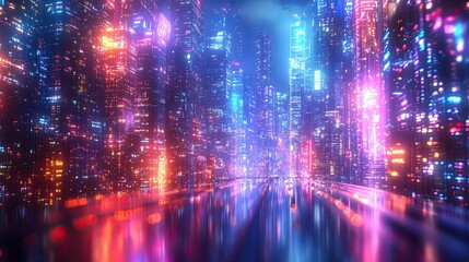 Colorful abstract cityscape glowing with vibrant neon lights and futuristic energy