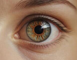 Close-up of a male's mesmerizing hazel eye with vibrant color patterns and detailed eyelashes.