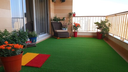 A vibrant artificial grass patio with colorful potted flowers for decoration