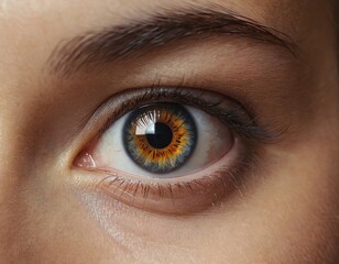 Fototapeta premium Close-up of a female's striking hazel eye with intricate details and vibrant colors.