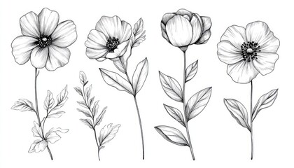Detailed pencil illustrations of various flowers and green leaves