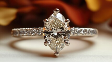 Marquise diamond ring, closeup, floral backdrop, jewelry ad