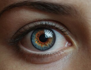 Obraz premium Close-up of a woman's mesmerizing eye with intricate blue and orange iris patterns.