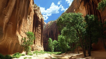 Obraz premium Towering canyon walls rise majestically, their rugged surfaces sculpted by centuries of erosion.