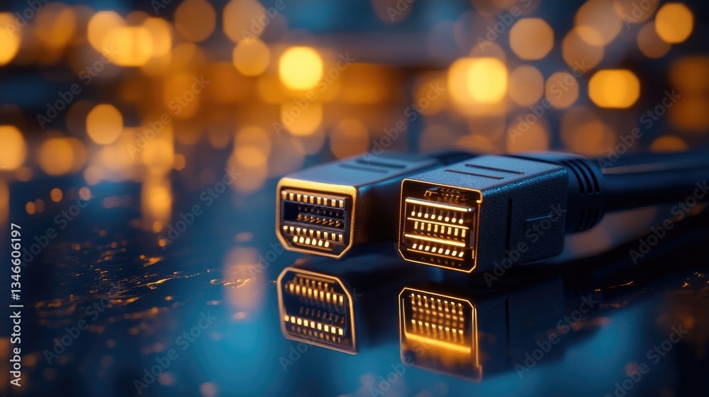 Poster illuminated hdmi connectors with intricate detail shine on a dark, reflective surface, set against a