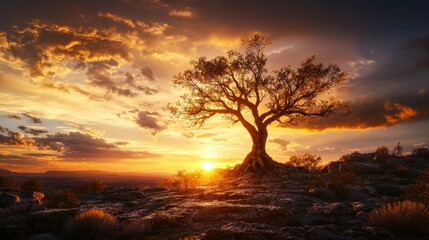 Sunset serenity a lone tree in nature’s landscape captured at dusk inspiring peace and reflection