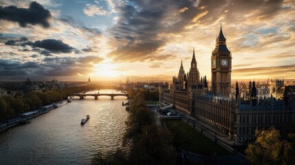 Fototapeta premium Sunset view of big ben london urban landscape photo riverside scenic perspective iconic landmark