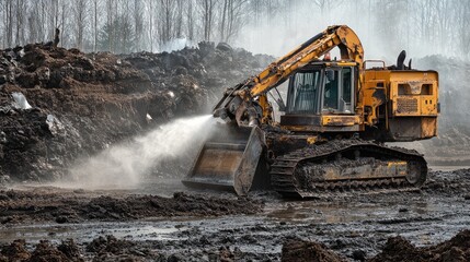 A water sprayer lightly moistening soil before compacting