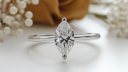 Marquise diamond ring, floral backdrop, jewelry photography, engagement
