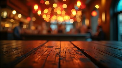 Cozy Restaurant Bar Wooden Table Bokeh Lights Evening | Warm Inviting Ambiance