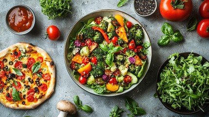 A colorful spread featuring a fresh vegetable salad, pizza, tomatoes, and herbs, arranged on a textured surface, highlighting vibrant and healthy food options.