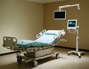 Modern hospital room featuring an adjustable bed and medical equipment in calming colors.