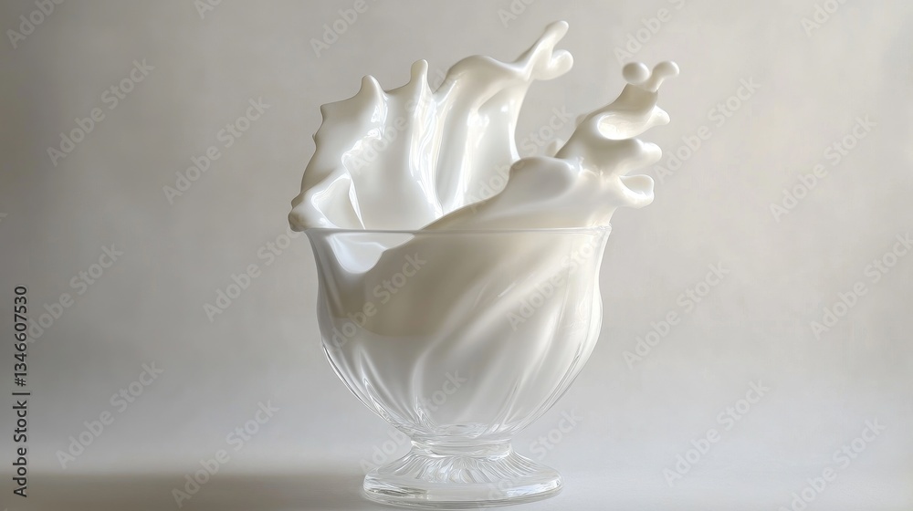 Poster Milk splashes elegantly into a glass, creating a creamy texture as it forms a perfect swirl against a clean backdrop.c