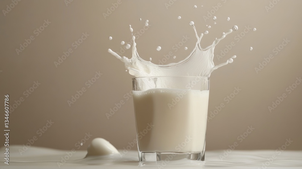 Poster milk splashes into a glass, the creamy texture frozen in mid-air as it forms a perfect swirl of moti