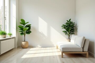 Fototapeta premium Serene Minimalist Living Room Interior Design Featuring Light Wood Flooring, Potted Plants, and a Comfortable Low-Slung Daybed