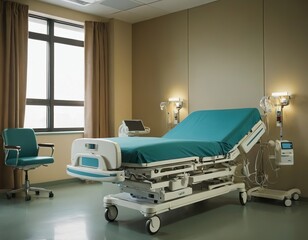 A serene hospital room featuring a hospital bed with teal linens and a bedside monitor, promoting healing.