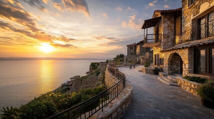 Fototapeta premium Sunset scenic view of coastal homes by the water serene environment captivating landscape aesthetic beauty