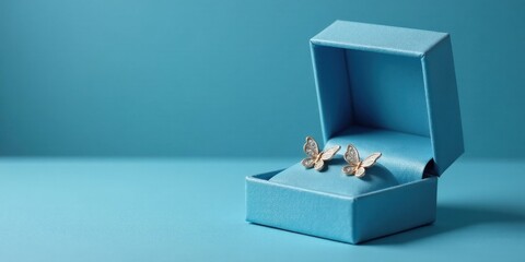 Elegant butterfly earrings nestled in a light blue gift box on a matching surface