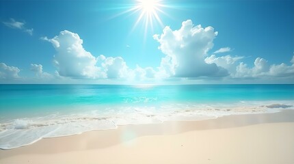 Obraz premium Beautiful Sunny Beach with Turquoise Water, White Sand, Blue Sky and Clouds - Serene Tropical Paradise