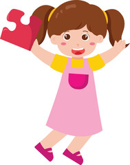 Cheerful Girl Holding Puzzle Piece