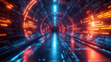 Fototapeta premium Futuristic tunnel, neon glowing lines, digital architecture, motion blur effect