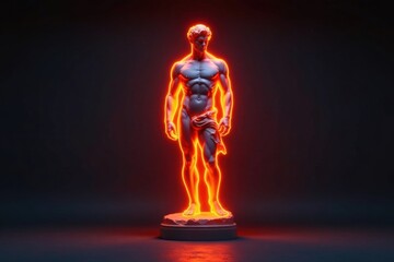 Fototapeta premium A glowing classical male statue, an iconic symbol of strength and beauty, stands majestically on a pedestal, illuminated by a vibrant orange light.