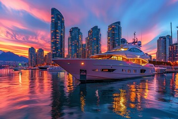 Fototapeta premium Luxury Yacht at Sunset in a City Marina