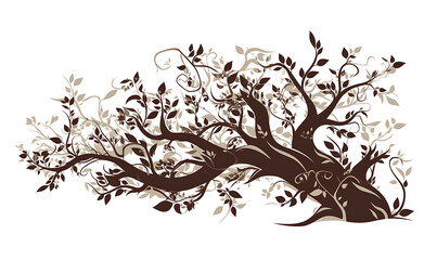 .Illustration of trees, leaves, grass and various botanical elements on a white background.