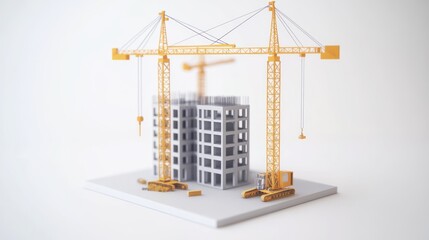 Construction site, cranes, building under construction, 3D model,  illustration, studio shot, for architecture