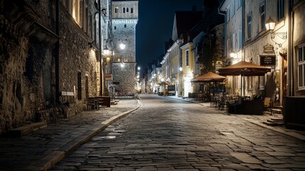 Fototapeta premium Evening strolls through historic streets tallinn cityscape nighttime wide angle urban serenity for seo
