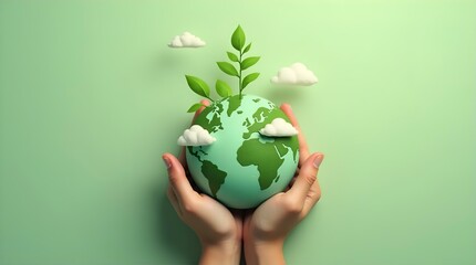 Hands Holding Green Earth Globe Claymation Leaves Clouds 3D Render