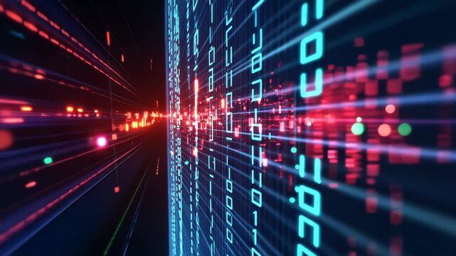 Exploring digital data transmission in a futuristic virtual environment with vibrant light patterns and binary codes