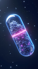 A translucent capsule filled with vibrant blue particles floats against a dark starry background, creating a futuristic and scientific ambiance