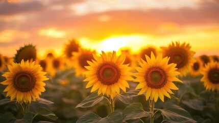 Fototapeta premium Beautiful field of vibrant sunflowers basking in golden sunlight