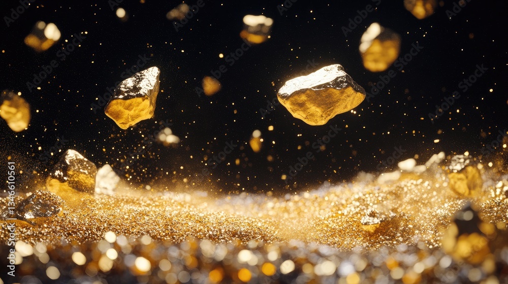 Poster several golden nuggets appear to levitate above a pile of gold dust, frozen in time, with a stark bl