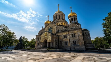 Obraz premium Majestic cathedral exterior urban landscape architectural photography bright daylight wide-angle view cultural heritage