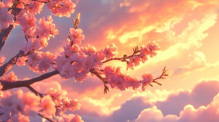 Soft pink blossoms gently rest on a tree branch, bathed in the warm golden light of sunset, with a dreamy sky backdrop that evokes a peaceful, serene atmosphere.
