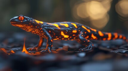 Obraz premium A glowing salamander with fire colors walking on the ground