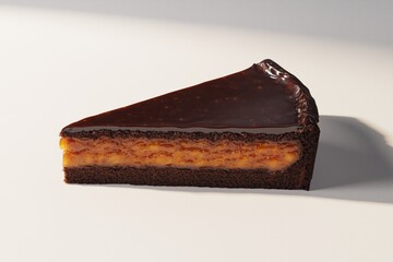Delicious slice of chocolate cake with apricot filling on white background