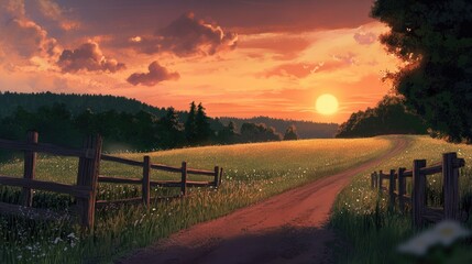 Fototapeta premium Sunset casting warm hues over a grassy field, with a dirt road and wooden fence in the foreground, creating a tranquil and scenic view.