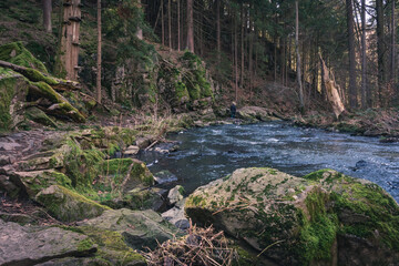 Tranquil Spring River Doubrava Flowing Between Rocks and Forest with Early Sunlight