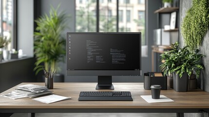 Modern office desk, coding screen, city view