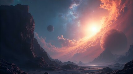 Dramatic Space Landscape Twin Planets Nebula Sky Mountains - Vibrant Orange Blue Sci-Fi Fantasy Scenic Digital Art Alien Planet Wallpaper