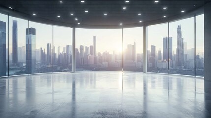 A cinematic cityscape background with an empty showroom floor, ideal for advertising luxury cars